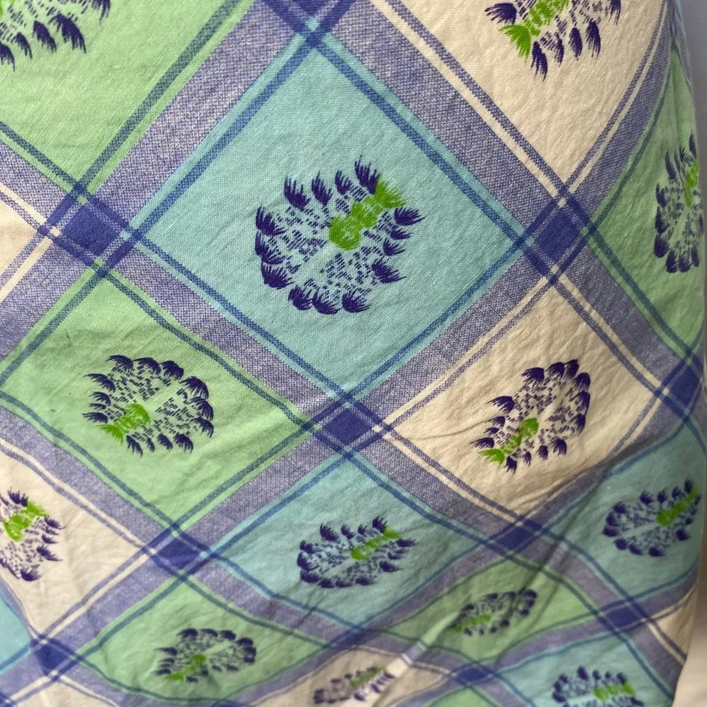 Handmade Vintage Apron Women Blue‎ Green Plaid Floral Country Farmhouse Cottage